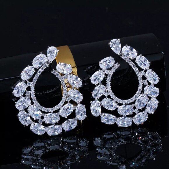 🍁925 Silver Plated Big Oval Cut CZ Stone Earrings for Women, MLNN1076 - Picture 2 of 4